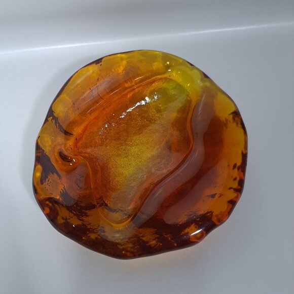 Blenko Free Form Ashtray 6.5"x 2"  Amber Art Glass Heavy Modernist Amoeba Blob - Picture 12 of 16